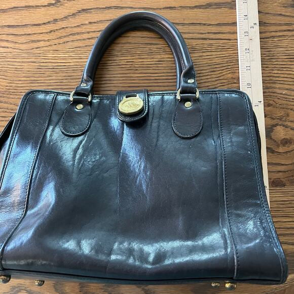 Vintage Brahmin Black Leather Double Handle Brass Hardware Satchel Handbag - Picture 9 of 11